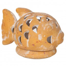 Photophore bougeoir statue poisson ocre jaune en terre cuite -17 cm