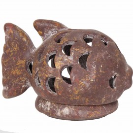 Photophore bougeoir statue poisson marron en terre cuite -17 cm