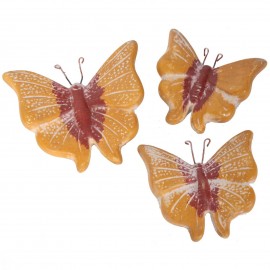 Set de trois papillons mural en terre cuite ocre jaune et marron -18 cm