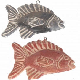 Set de deux poissons mural en terre cuite patine rouille et grise -23 cm