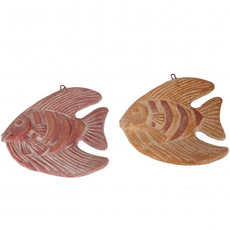 Set de deux poissons mural en terre cuite patine rouille et orange -21 cm