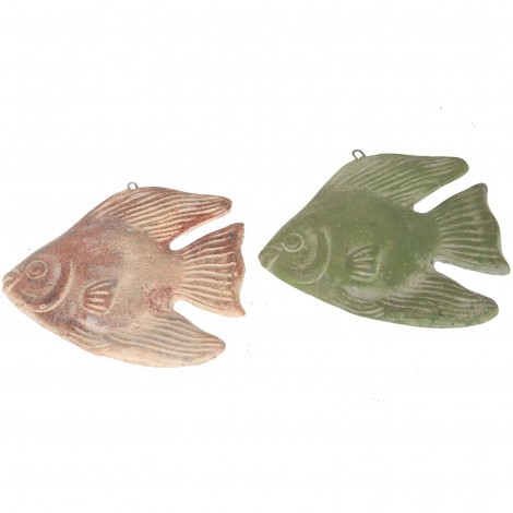 Set de deux poissons mural en terre cuite patine rouille et verte -25 cm