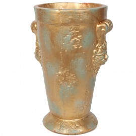 Petit vase en terre cuite patine bronze tête de lion - 26 cm