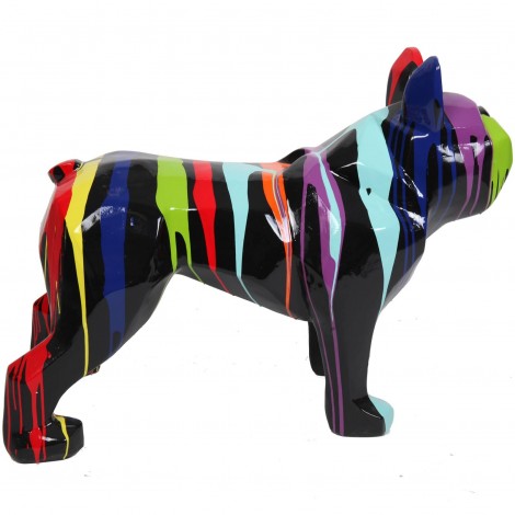 Statue bouledogue Français origami multicolore fond noir en résine - 80 cm