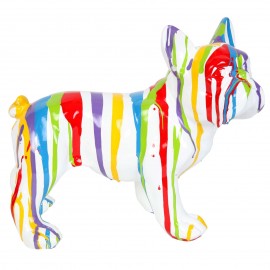 Statue chien bouledogue Français multicolore fond blanc en résine - Rémi - 27 cm