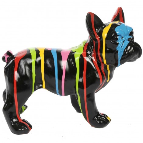 Statue chien bouledogue Français en résine multicolore fond noir 27 cm