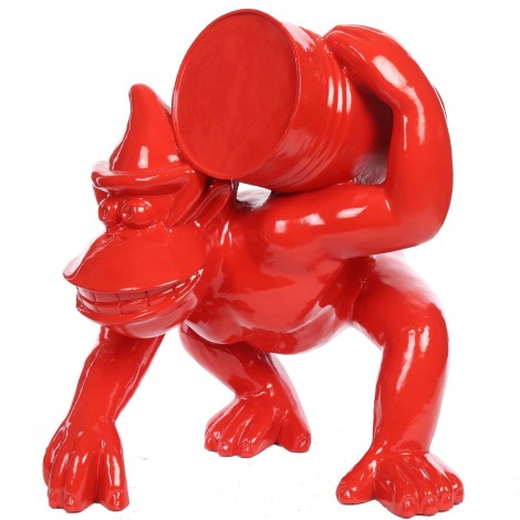 Statue en résine rouge Donkey Kong gorille singe au tonneau 60 cm