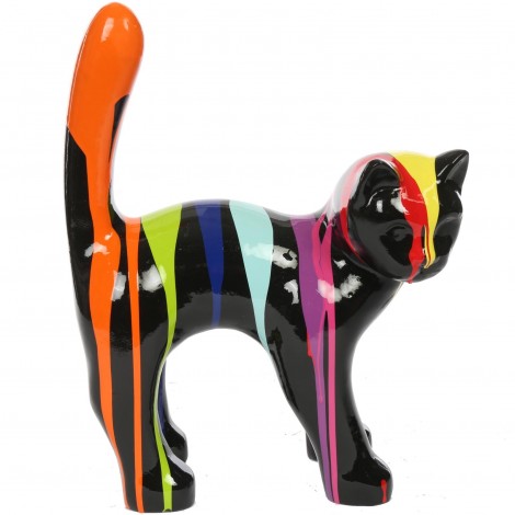 Statue chat en résine que droite multicolore fond noir 35 cm