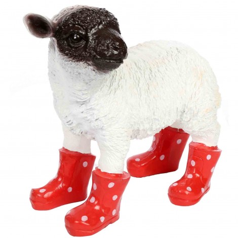 Statue en résine d'un mouton tête noire en bottes rouge 30 cm