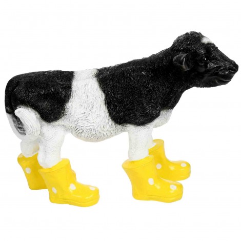 Statue en résine d'une vache veau en bottes jaune 40 cm