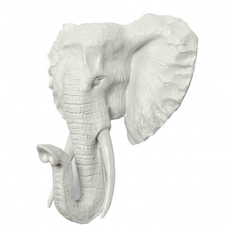 Statue en résine trophée tête d'éléphant patine blanche - 45 cm