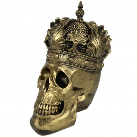 Statue en résine tête de mort dorée antique avec couronne - 35 cm
