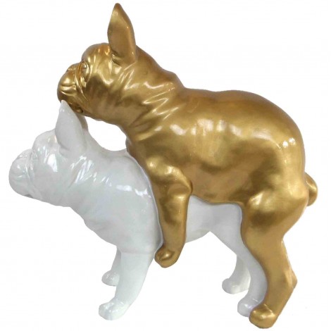 Statues chiens en résine couple de bouledogue Français blanc et doré - 55 cm