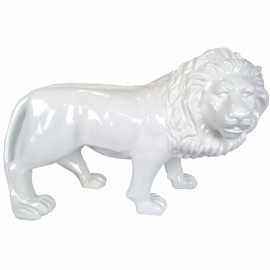 Statue en résine blanche lion debout tête tournée 90 cm