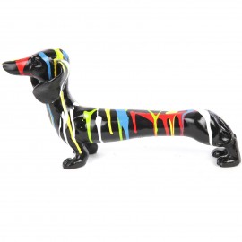 Statue chien teckel multicolore fond noir en résine - 40 cm