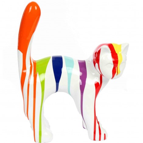 Statue chat en résine que droite multicolore fond blanc 35 cm