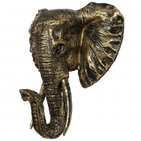 Statue en résine trophée tête d'éléphant couleur dorée antique - 45 cm