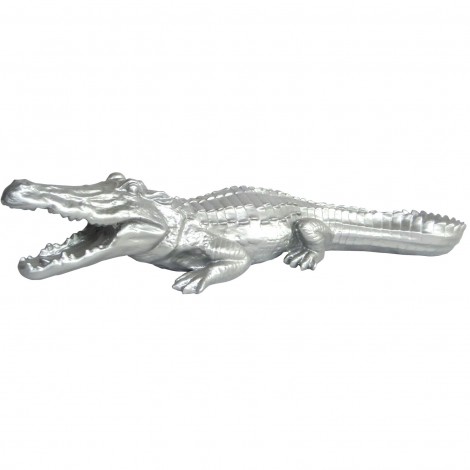 Statue en résine crocodile argent gueule ouverte - 70 cm