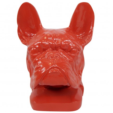 Statue tête de chien rouge en résine bouledogue français - 37 cm