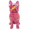 Statue chien bouledogue Français à lunette multicolore en résine fond fuchsia - 37 cm