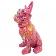 Statue chien bouledogue Français à lunette multicolore en résine fond fuchsia - 37 cm