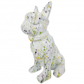 Statue chien bouledogue Français à lunette multicolore en résine fond blanc - 37 cm