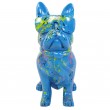 Statue chien bouledogue Français à lunette multicolore en résine fond bleu - 37 cm