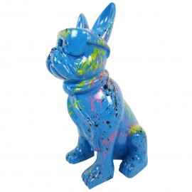 Statue chien bouledogue Français à lunette multicolore en résine fond bleu - 37 cm