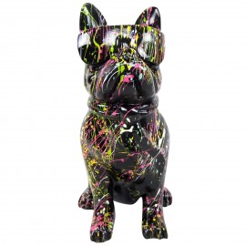 Statue chien bouledogue Français à lunette multicolore en résine fond noir - 37 cm