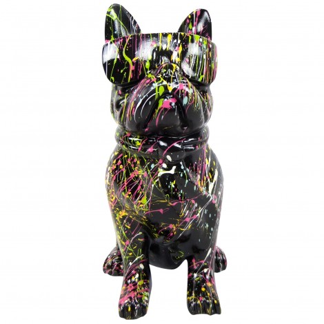 Statue chien bouledogue Français à lunette multicolore en résine fond noir - 37 cm
