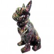 Statue chien bouledogue Français à lunette multicolore en résine fond noir - 37 cm