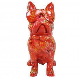 Statue chien bouledogue Français à lunette multicolore en résine fond rouge - 37 cm