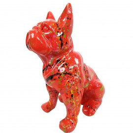 Statue en résine bouledogue Français assis multicolore fond rouge - 31 cm