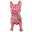 Statue en résine bouledogue Français assis multicolore fond fuchsia - 31 cm