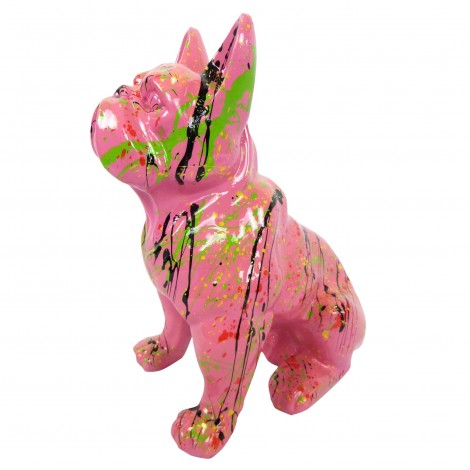 Statue en résine bouledogue Français assis multicolore fond fuchsia - 31 cm