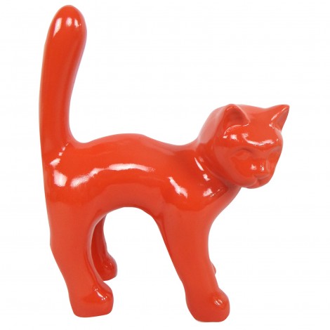 Statue chat en résine queue droite rouge 35 cm