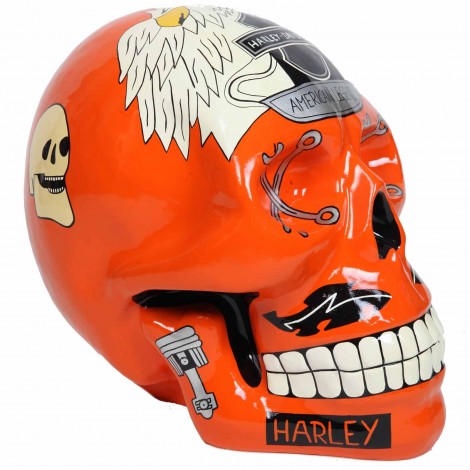 Statue tête de mort style Harley Davidson en résine 45 cm