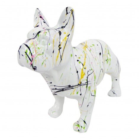 Statue chien bouledogue Français en résine blanche multicolore longueur 35 cm
