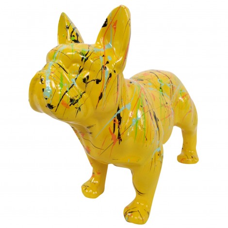 Statue chien bouledogue Français en résine jaune multicolore longueur 35 cm