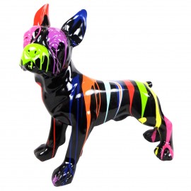 Statue en résine bouledogue français debout multicolore fond noir - 90 cm