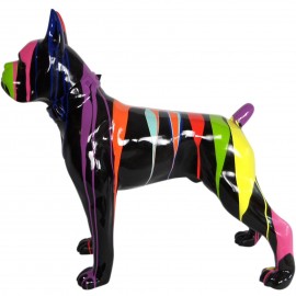Statue chien boxer collier multicolore fond noir en résine - 105 cm