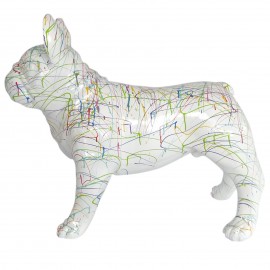 Statue chien bouledogue Français en résine multicolore fond blanc - Victor- 90 cm