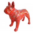 Statue chien bouledogue Français en résine multicolore fond rouge 90 cm