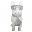 Statue chien bouledogue Français à lunette en résine blanc et argent 37 cm