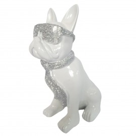 Statue chien bouledogue Français à lunette en résine blanc et argent 37 cm