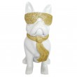 Statue chien bouledogue Français à lunette en résine blanc et doré 37 cm