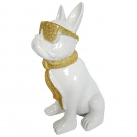 Statue chien bouledogue Français à lunette en résine blanc et doré 37 cm