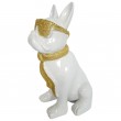Statue chien bouledogue Français à lunette en résine blanc et doré 37 cm