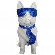 Statue chien bouledogue Français à lunette en résine blanc et bleu 37 cm