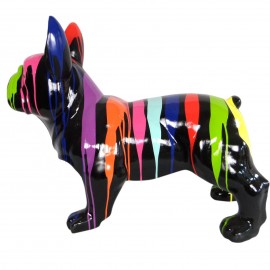 Statue chien bouledogue Français racé en résine multicolore fond noir 90 cm